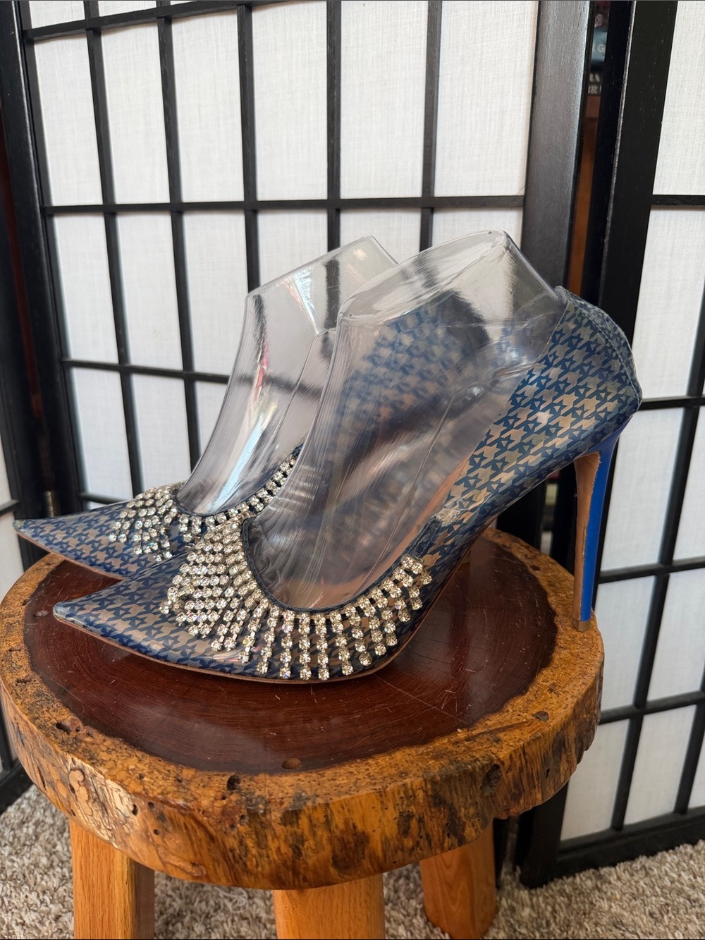 AREA NYC Designer Clear Navy Blue Rhinestone Pointed-Toe Stilettos 41